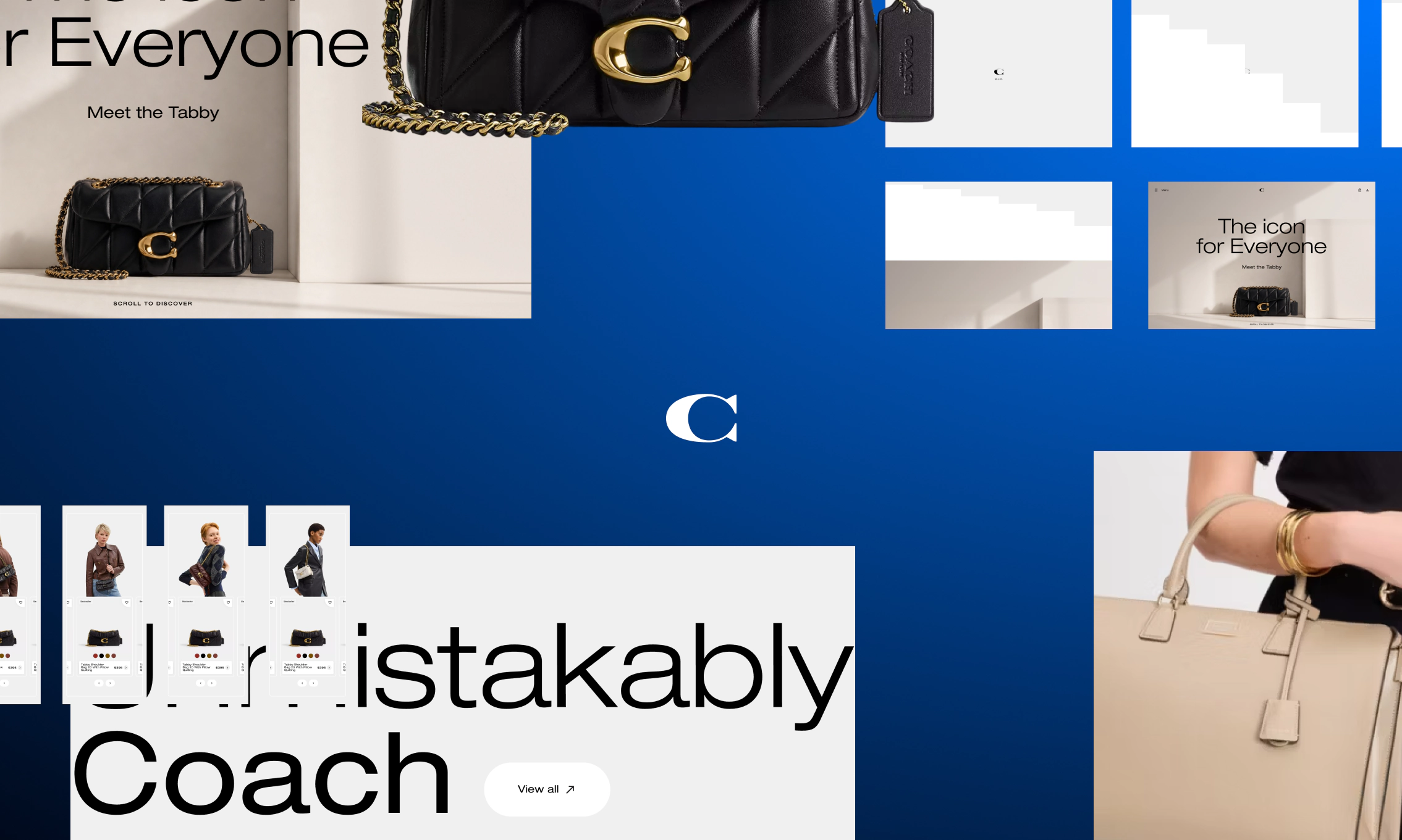 Coach Tabby landing page closing frame with metallic Coach hardware and logo detail