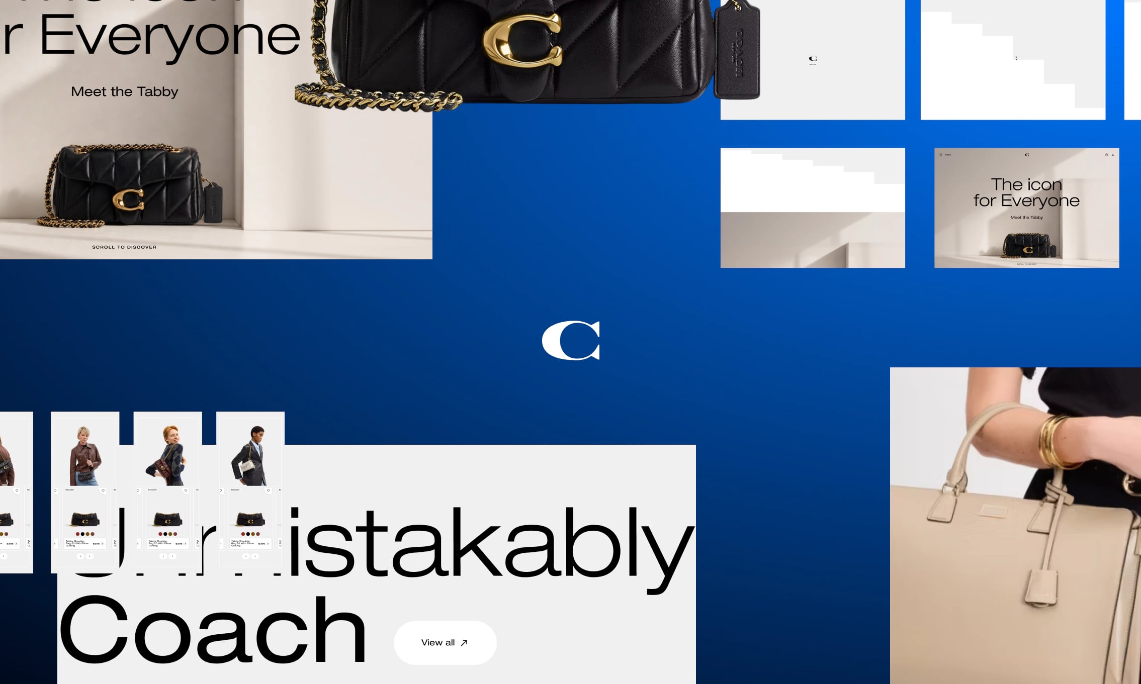 Coach Tabby landing page closing frame with metallic Coach hardware and logo detail